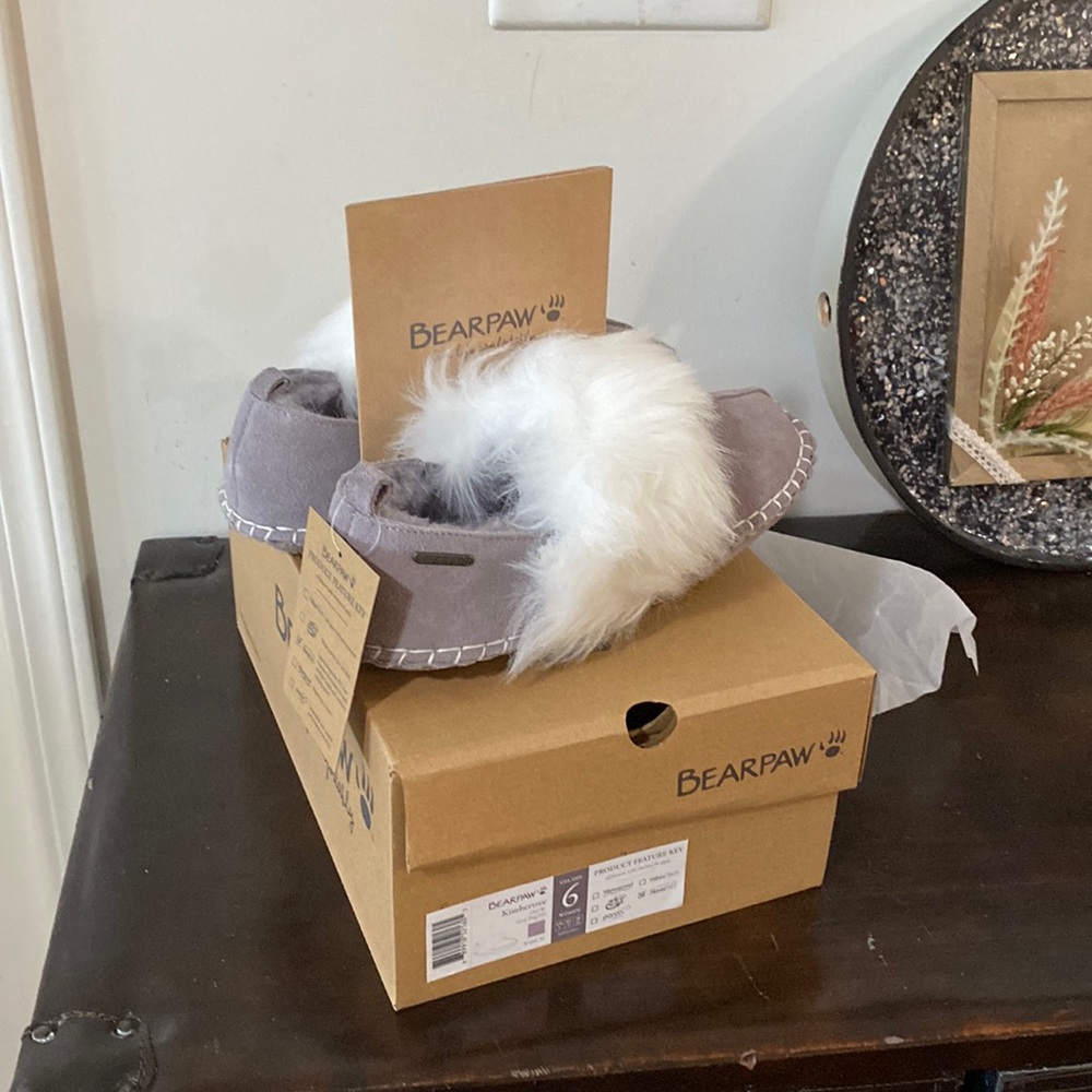 Brand new in box, with tags! BearPaw woman’s moccasins, size 6, very warm